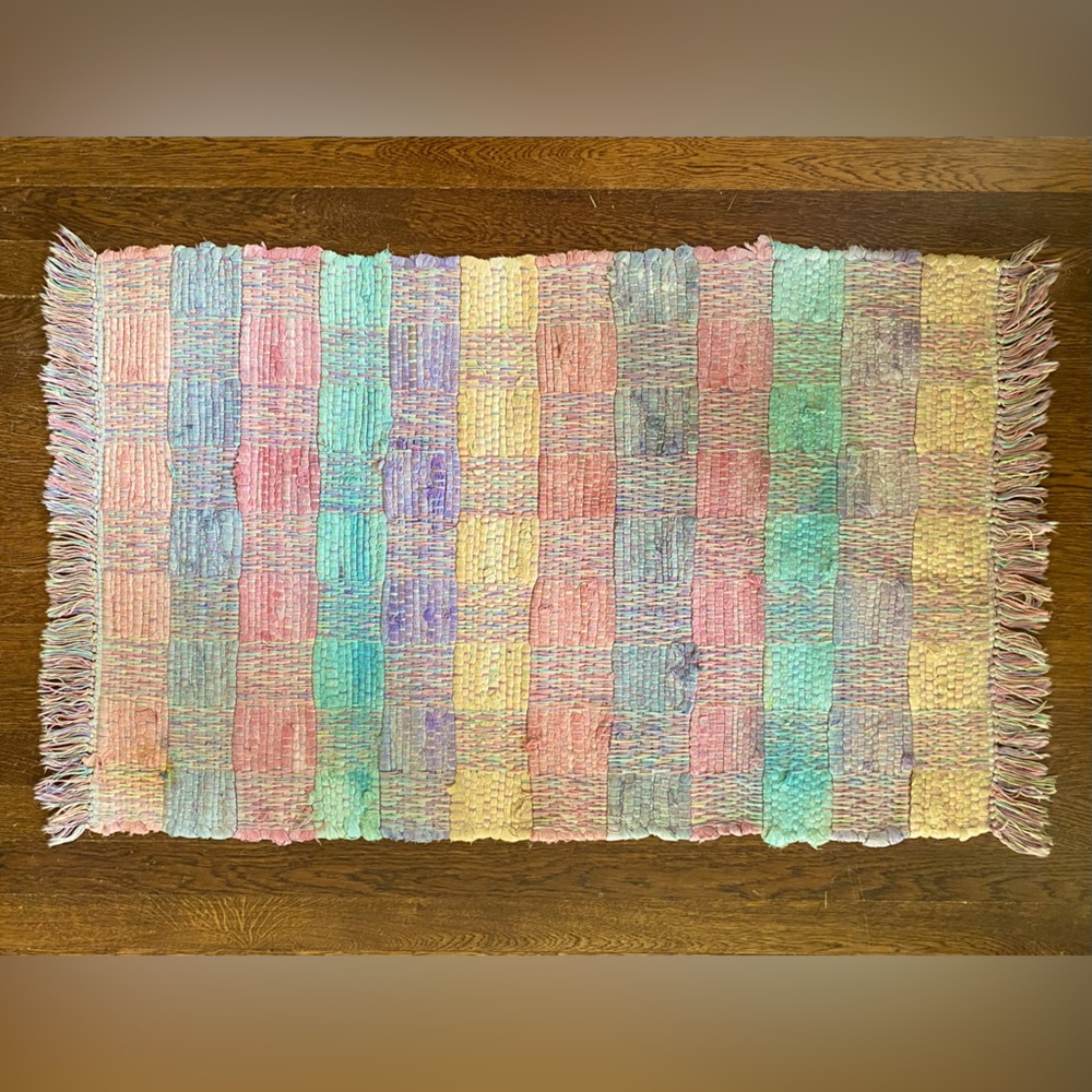 1990s 24 x 41" Pastel Plaid Handwoven Cotton Rag Rug Accent Scatter Throw  *VTG*